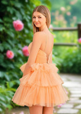 Alison | Chic A Line Orange Tulle Keyhole Short Homecoming Dress with Ruffles - Orange - PromDressClub